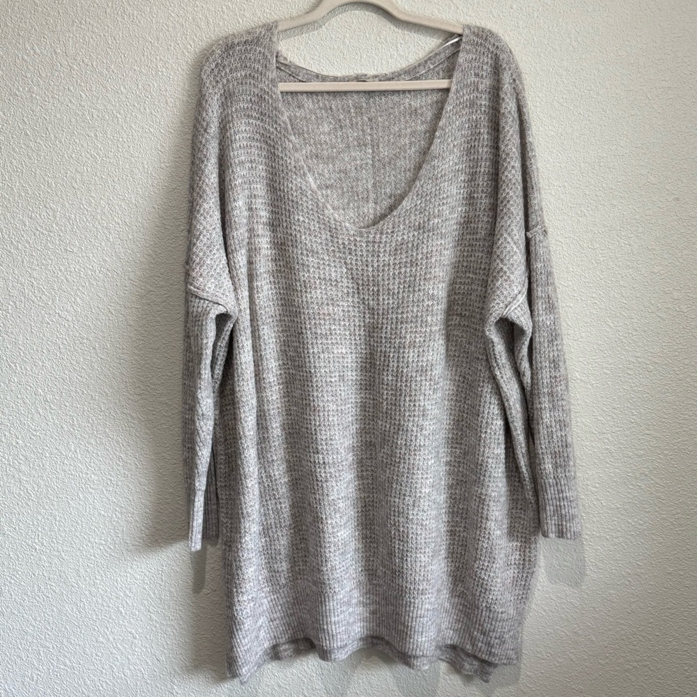 Free People Intimately Womens M/L Comfy Oversized Waffle Knit Sweater Grey Pink